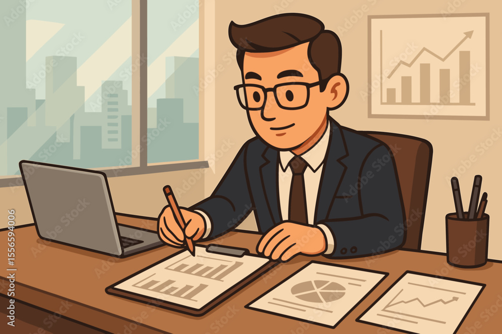 Cartoon businessman working at office desk analyzing financial reports and data. Professional manager or accountant reviewing charts, graphs for business strategy and investment. Cartoon businessman working at office desk analyzing financial reports and data. Professional manager or accountant reviewing charts, graphs for business strategy and investment.