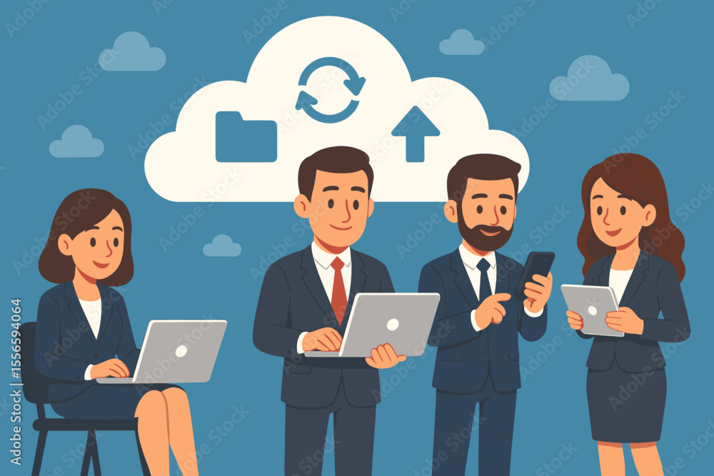 Business team using cloud computing technology. Data storage, backup, and file sharing concept. Corporate workers collaborating online with laptop, tablet, and smartphone. Business team using cloud computing technology. Data storage, backup, and file sharing concept. Corporate workers collaborating online with laptop, tablet, and smartphone.