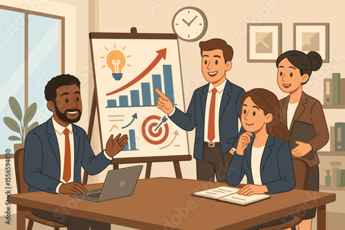 Business team meeting for strategy and planning. Diverse colleagues discussing corporate growth. Man presenting data analysis on flipchart with graph, target, and idea lightbulb.