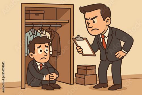 Angry boss evaluating a scared employee hiding in a closet. Metaphor for workplace stress, anxiety, performance review, fear of failure, and bad management. Vector illustration.