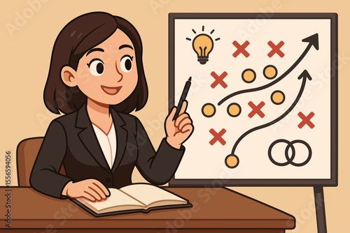 Businesswoman planning a marketing strategy on a whiteboard. Cartoon manager explaining tactics for success. Concept of coaching, negotiation, problem solving, and ideas. Vector.