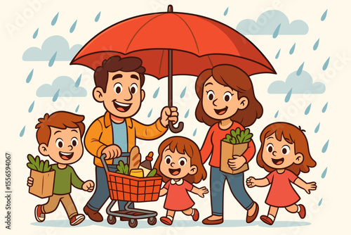 Happy cartoon family with kids grocery shopping in the rain under a large protective umbrella. Metaphor for family protection, life insurance, security, parental care, and love.