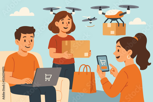 Happy family using laptop and smartphone for online shopping with fast drone delivery service. Future e-commerce and logistics concept with quadcopters delivering packages. Vector cartoon.