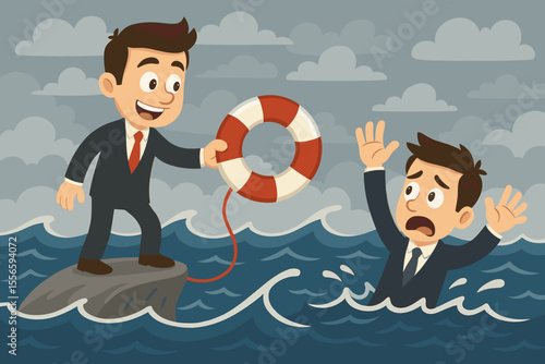 Businessman helping drowning colleague with a lifebuoy. Business support concept for crisis, risk, and failure. Metaphor for rescue, partnership, teamwork, and finding a solution.