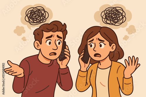 Confused couple with relationship problems arguing on the phone. Misunderstanding and anxiety concept. Man and woman with tangled, negative thoughts in mind. Mental health vector.