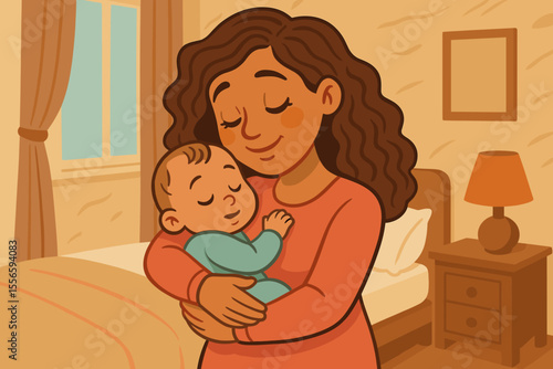 Loving mother embracing her sleeping newborn baby. Mom holding infant child with affection and care in a cozy bedroom. Motherhood, family, new life, and childcare vector concept.