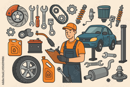 Auto repair service concept. Mechanic character with clipboard doing vehicle maintenance and diagnostics in a garage. Set of car parts icons for repair shop. Vector cartoon illustration.