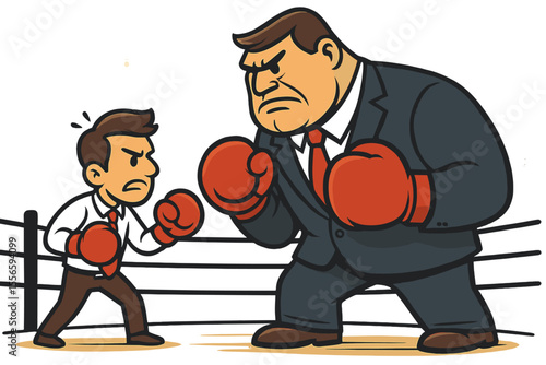 David versus Goliath concept. Small business owner fighting a giant corporate monopoly in a boxing ring. Metaphor for business competition, challenge, and unfair advantage. Vector cartoon.
