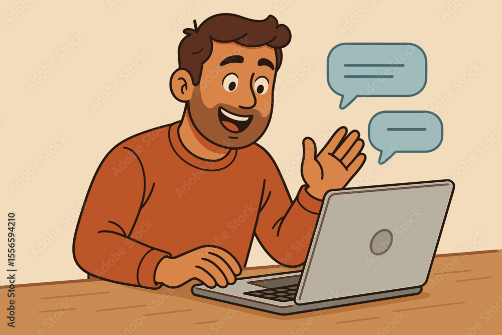 Cartoon man waving hand during online video call on laptop, virtual communication, digital meeting, remote work, chatting, social interaction, technology, home office, speech bubbles Cartoon man waving hand during online video call on laptop, virtual communication, digital meeting, remote work, chatting, social interaction, technology, home office, speech bubbles