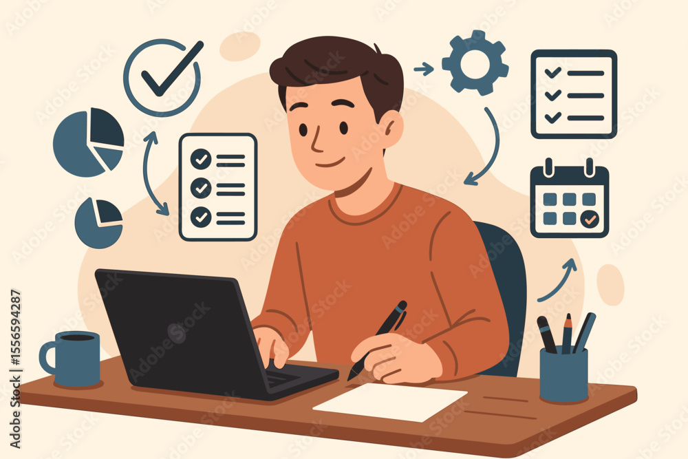 Productivity workflow management concept. Man working at desk with laptop, checklist, calendar, pie chart, gear icons. Task organization, time management, planning, efficiency. Vector illustration. Productivity workflow management concept. Man working at desk with laptop, checklist, calendar, pie chart, gear icons. Task organization, time management, planning, efficiency. Vector illustration.
