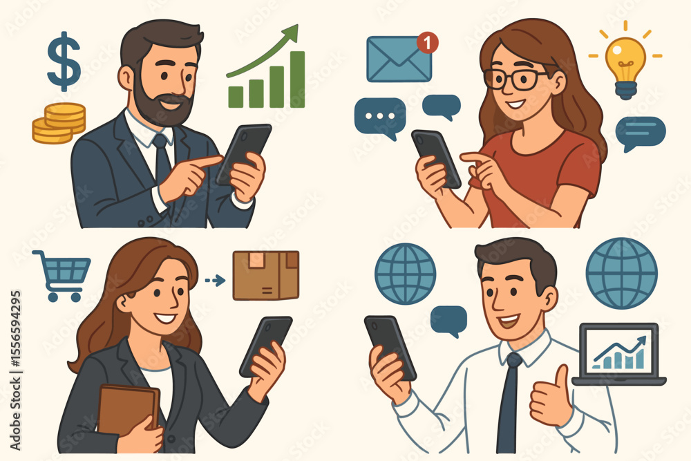 Business Professionals Using Mobile Devices for Online Communication, Finance, E-commerce, Global Networking, Data Analysis, Digital Marketing, Vector Cartoon Illustration, Modern Technology Concept Business Professionals Using Mobile Devices for Online Communication, Finance, E-commerce, Global Networking, Data Analysis, Digital Marketing, Vector Cartoon Illustration, Modern Technology Concept
