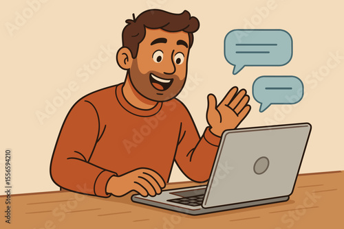 Cartoon man waving hand during online video call on laptop, virtual communication, digital meeting, remote work, chatting, social interaction, technology, home office, speech bubbles