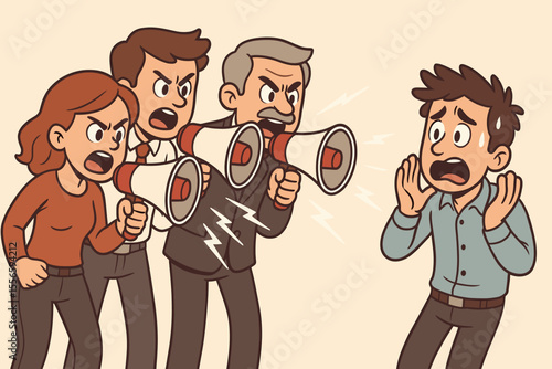 Angry group yelling through megaphones at scared man. Workplace bullying, harassment, intimidation, pressure, stress, conflict, abuse. Cartoon vector illustration, aggressive confrontation concept