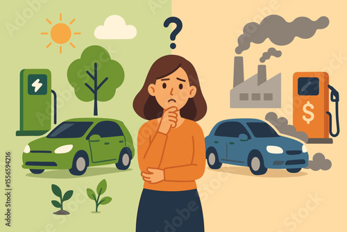 Electric vs gasoline car choice. Woman thinking about environmental impact. Clean energy versus fossil fuel pollution. EV or petrol automobile dilemma. Vector cartoon illustration.