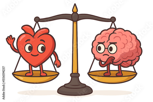 Cartoon heart and brain characters on balance scale. Emotional vs rational decision making. Metaphor mental health, psychology, feelings, logic, self-control, choice, mind, emotions, intellect