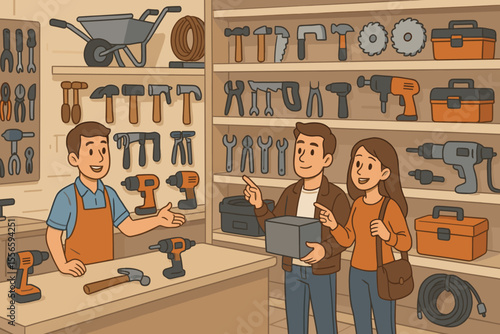 Cartoon hardware store interior with salesman assisting customers, shelves full of hand tools, power tools, toolboxes, equipment, people shopping, vector illustration for home improvement and repair