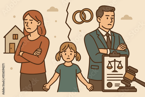 Divorce and Child Custody Legal Dispute Concept. Family Separation, Parental Conflict, Court Ruling, Child Holding Hands, Broken Marriage, Home Division, Law Document, Gavel, Vector Illustration