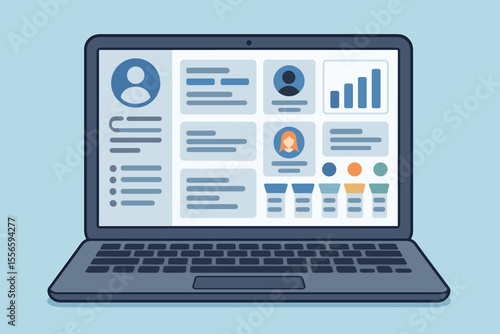 Modern laptop displaying customer relationship management CRM software interface, dashboard analytics, user profile, business data visualization, vector illustration, digital technology concept