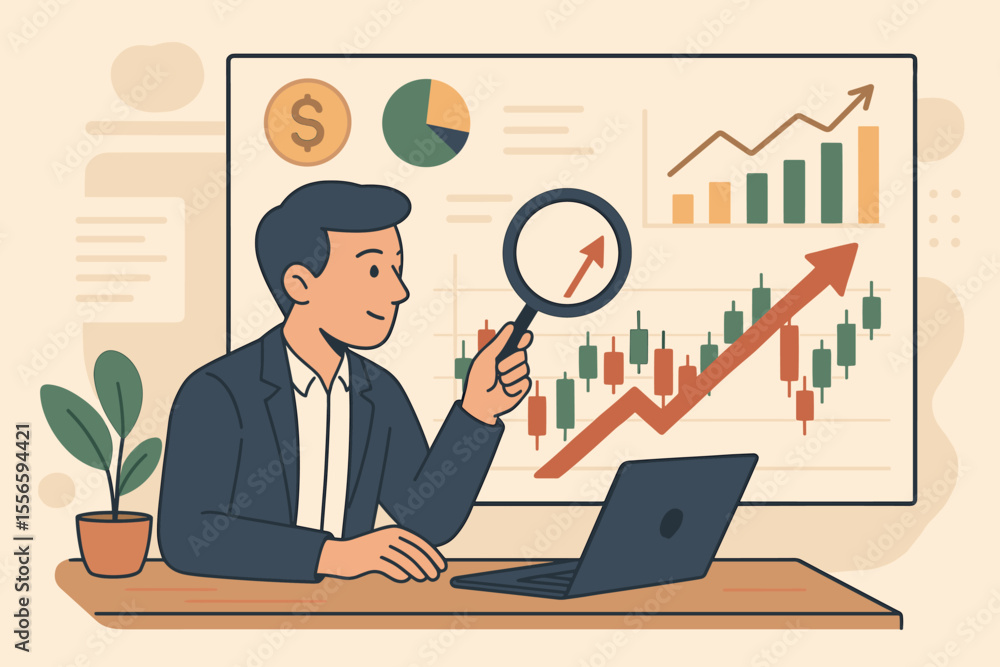Businessman Analyzing Financial Data with Magnifying Glass, Stock Market Growth, Investment Strategy, Trading Charts, Economic Trends, Profit Planning, Vector Illustration for Finance Concepts Businessman Analyzing Financial Data with Magnifying Glass, Stock Market Growth, Investment Strategy, Trading Charts, Economic Trends, Profit Planning, Vector Illustration for Finance Concepts