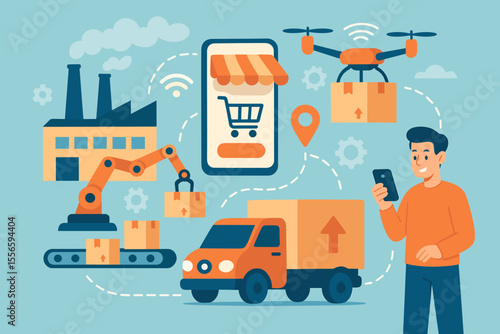 Smart Industry Automation Online Shopping Logistics. Factory Robot Arm, Drone Delivery, Conveyor, Truck, Mobile App Order, Modern Supply Chain, E-commerce Fulfillment, Vector Illustration