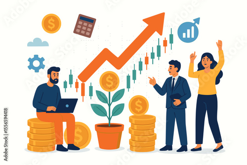 Financial growth, stock market trading, investment analysis, passive income, business success, profit increase, people with coins, upward chart, money management, economic prosperity vector