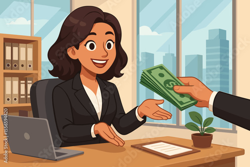 Confident businesswoman in suit receiving cash salary payment at modern office desk, corporate finance transaction, payroll, human resources, workplace compensation, cartoon vector illustration