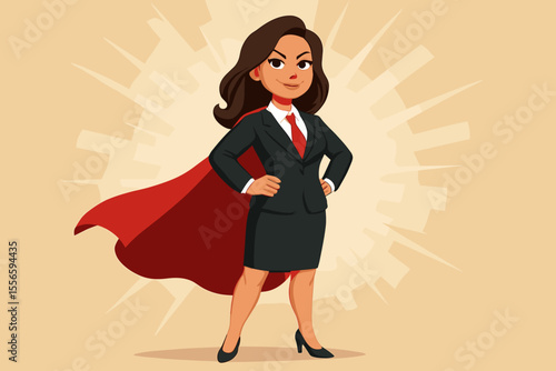 Confident businesswoman superhero in suit and red cape, leadership and empowerment concept, strong female executive, career success, motivation, professional woman vector illustration