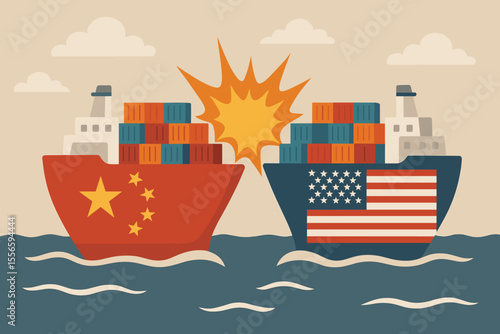 China US trade war conflict concept. Cargo ships with national flags colliding at sea. Economic dispute, tariff battle, export import clash. International shipping, global commerce vector illustration
