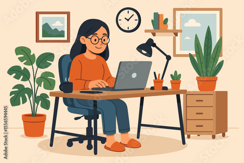 Modern home office workspace with woman working on laptop, cozy interior, desk, plants, wall art, clock, organized productivity, remote work, freelance, ergonomic setup, vector cartoon illustration