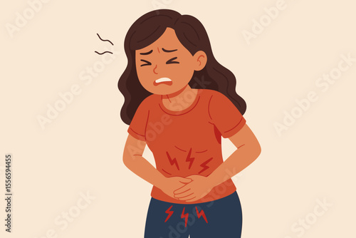 Woman suffering abdominal pain holding stomach. Menstrual cramps, period pain, dysmenorrhea concept. Female health issue, discomfort, stomachache, PMS symptoms. Vector cartoon illustration.