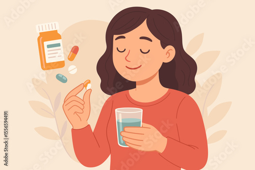 Woman Taking Medication Pills with Glass of Water, Prescription Bottle, Healthcare Treatment, Daily Medicine Routine, Pharmaceutical Therapy, Wellness, Medical Concept Vector Illustration