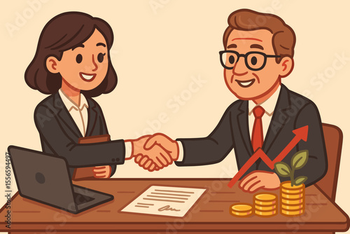 Businesswoman and Investor Shaking Hands Closing Deal, Partnership Agreement, Financial Growth, Investment Success, Teamwork, Profit, Office Meeting, Vector Cartoon Illustration