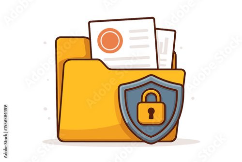 Secure file folder with confidential documents, privacy shield, padlock icon. Data protection, information security, cartoon vector illustration. Safe storage, access control, cyber defense concept