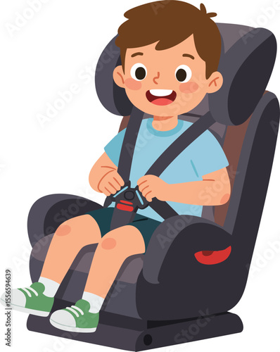 Child sitting securely in car seat wearing seatbelt for safety and protection in vehicle travel vector illustration