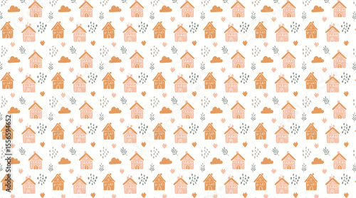 Cute Textured Houses Seamless Pattern