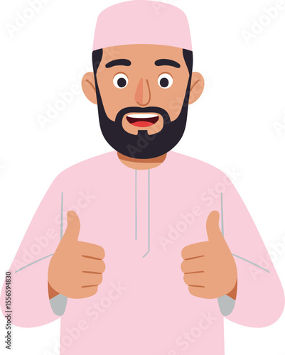Man Wearing Pink Traditional Clothing Showing Thumbs Up Gesture with Smiling Expression Vector Illustration