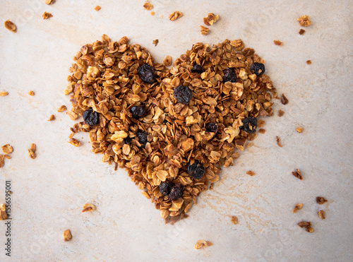 Homemade granola displayed in a heart shape