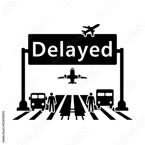 Delayed flight sign with passengers waiting and transportation icons, concept of Things to do in airport  