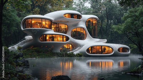 Modern, organic home nestled by a tranquil lake.