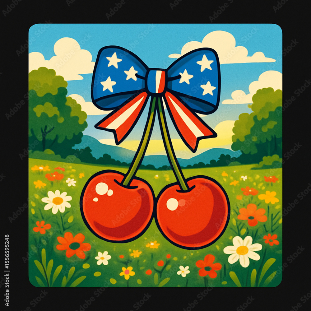 Fototapeta premium Two Red Cherries, American Flag, Landscape Background