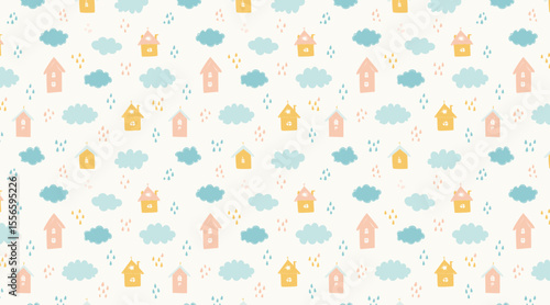 Cute Houses and Clouds in the Sky Seamless Pattern