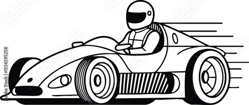 Racing car with driver in helmet speeding on track vector illustration of fast motorsport vehicle