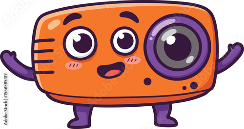 Cute orange camera cartoon character with purple lens and limbs waving hands vector illustration