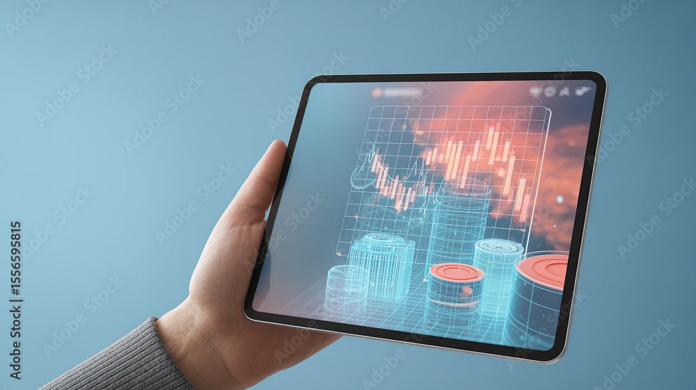 Fototapeta premium Person holding a tablet displaying a futuristic 3d financial graph with stock market data