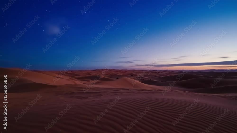 Desert landscape at dusk with rolling sand dunes and starry sky. Desert landscape at dusk with rolling sand dunes and starry sky.