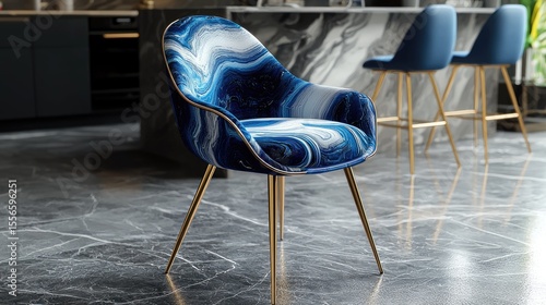 Stylish blue and white marble patterned bar stool with gold legs.