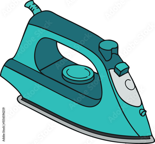Electric iron appliance for clothing pressing in teal color vector illustration isolated on white background