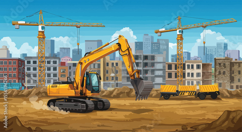 Urban Construction Site with Excavator and Crane Building a High-Rise

