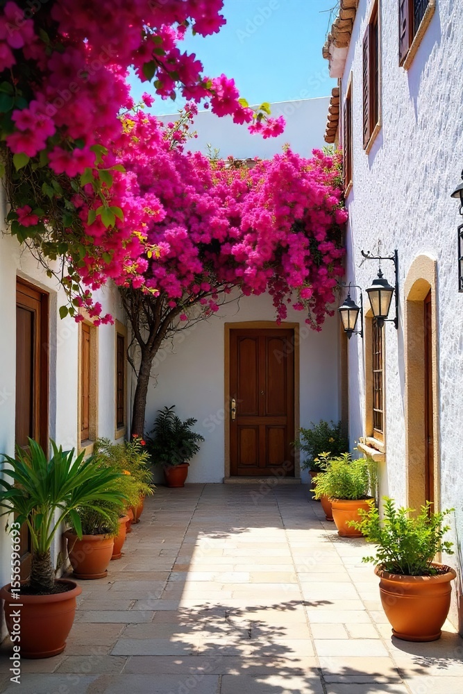 Naklejka premium Tranquil Andalusian Courtyard Sun-Drenched Whitewashed Walls, Cascading Bougainvillea, Overflowing Terracotta Pots, and a Serene Fountain