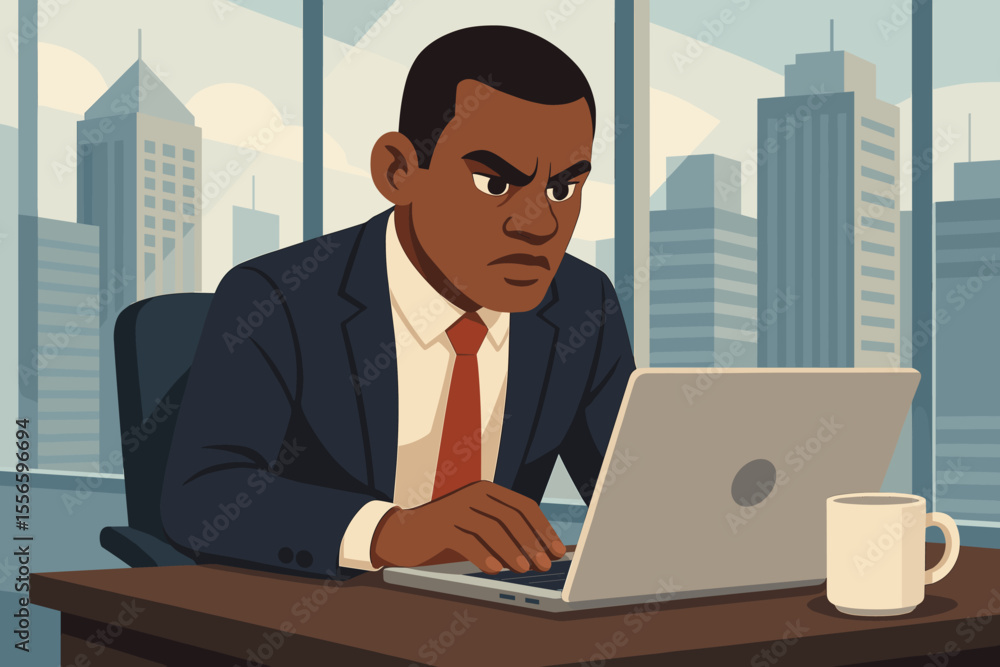 Determined African American businessman concentrating on laptop in modern city office. Focused professional male character working. Corporate stress and deadline concept illustration. Determined African American businessman concentrating on laptop in modern city office. Focused professional male character working. Corporate stress and deadline concept illustration.